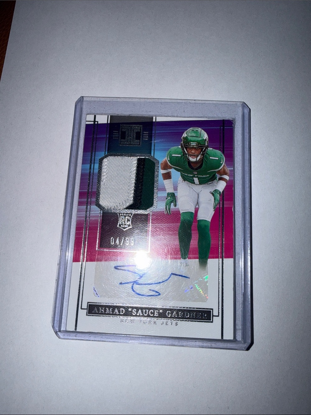 Ahmad Sauce Gardner  Football Card with Green and White Jersey Swatch